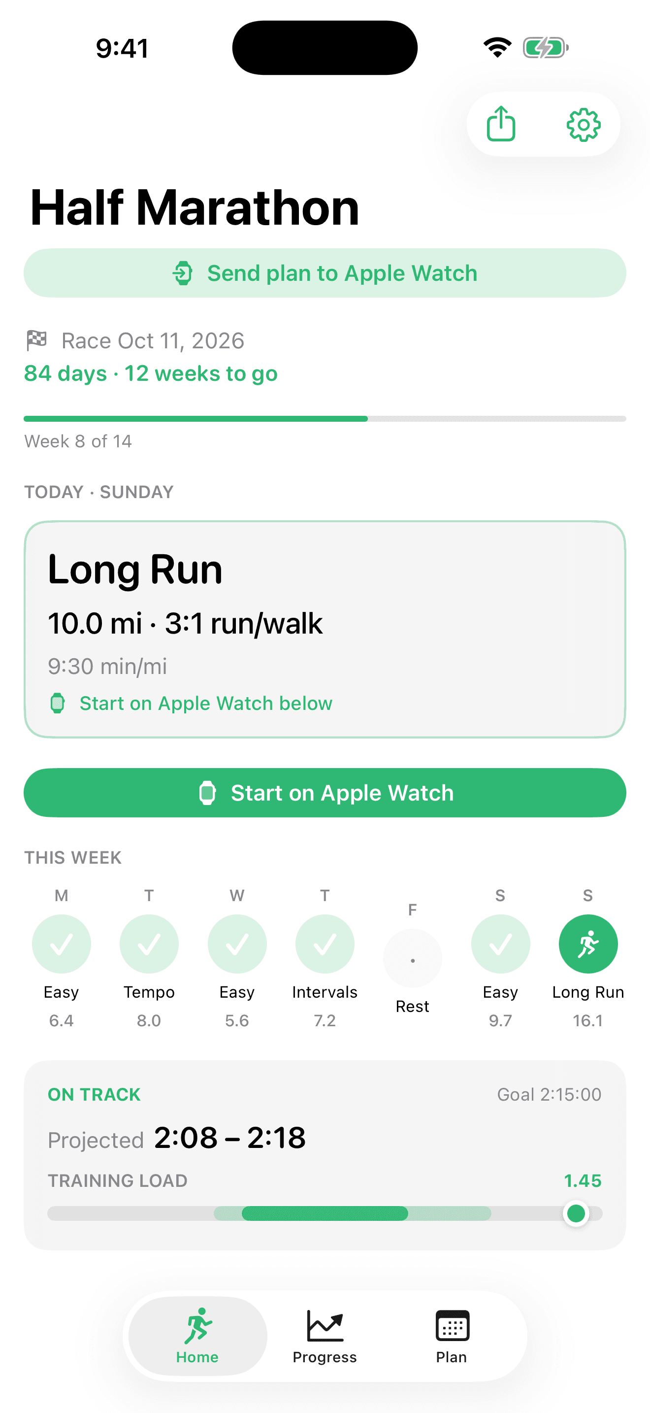 Marathon Coach home — today’s workout